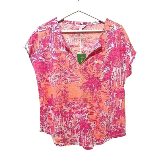 Lilly Pulitzer Sz XS Duval Top Linen Pink Cheeky Melon Rule Breakers NWT… - Picture 2 of 9